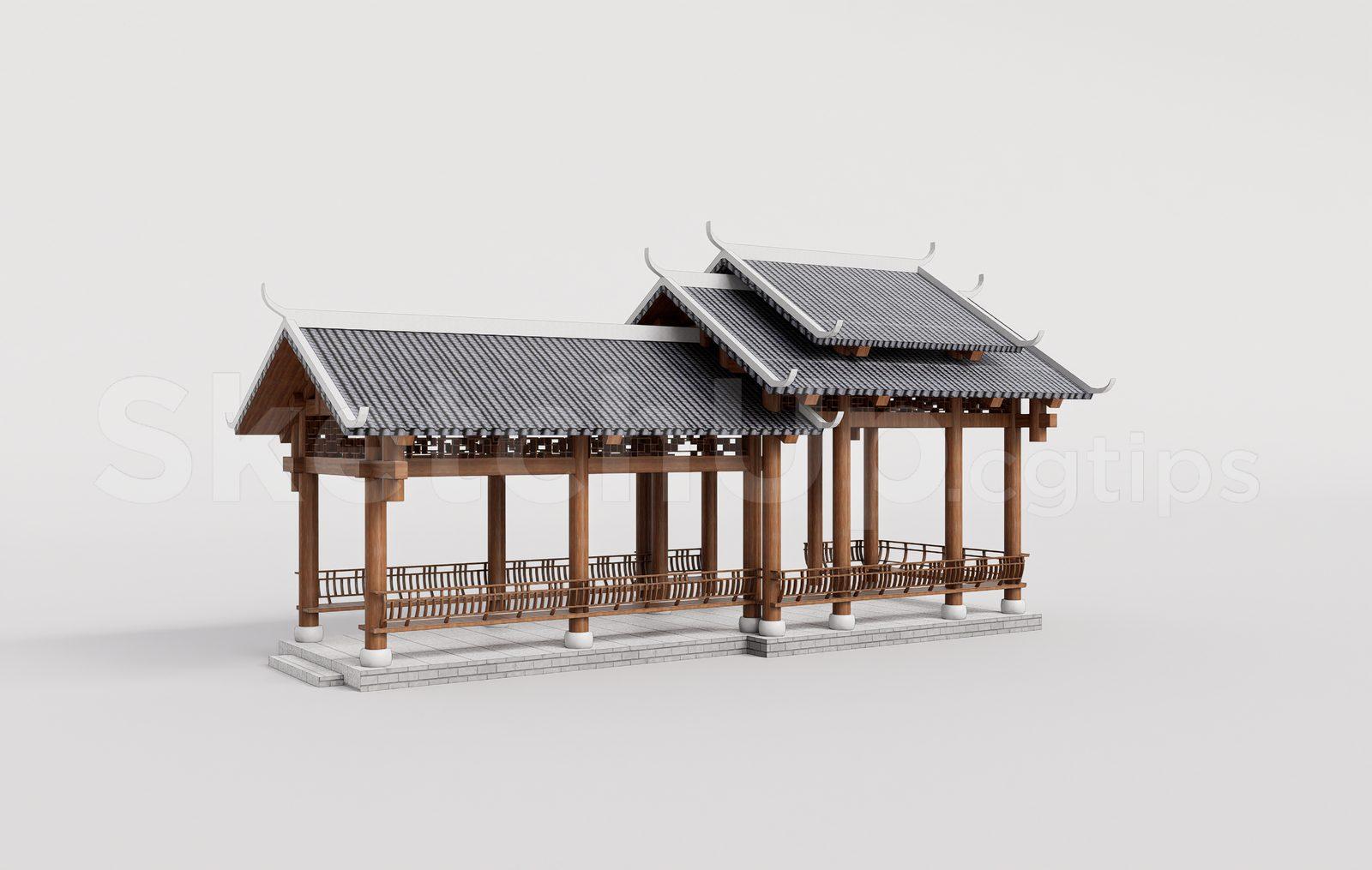 Traditional Wooden Pavilion with Tiled Roof