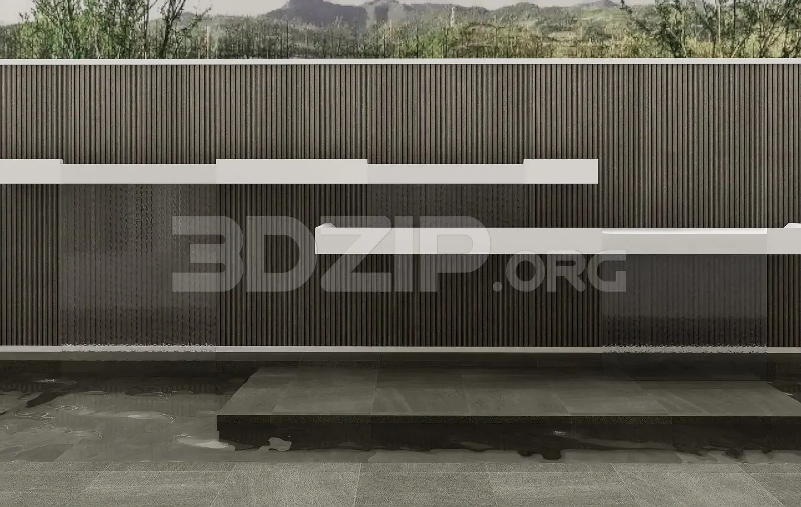 Modern Water Wall Design – Exterior Architectural Render