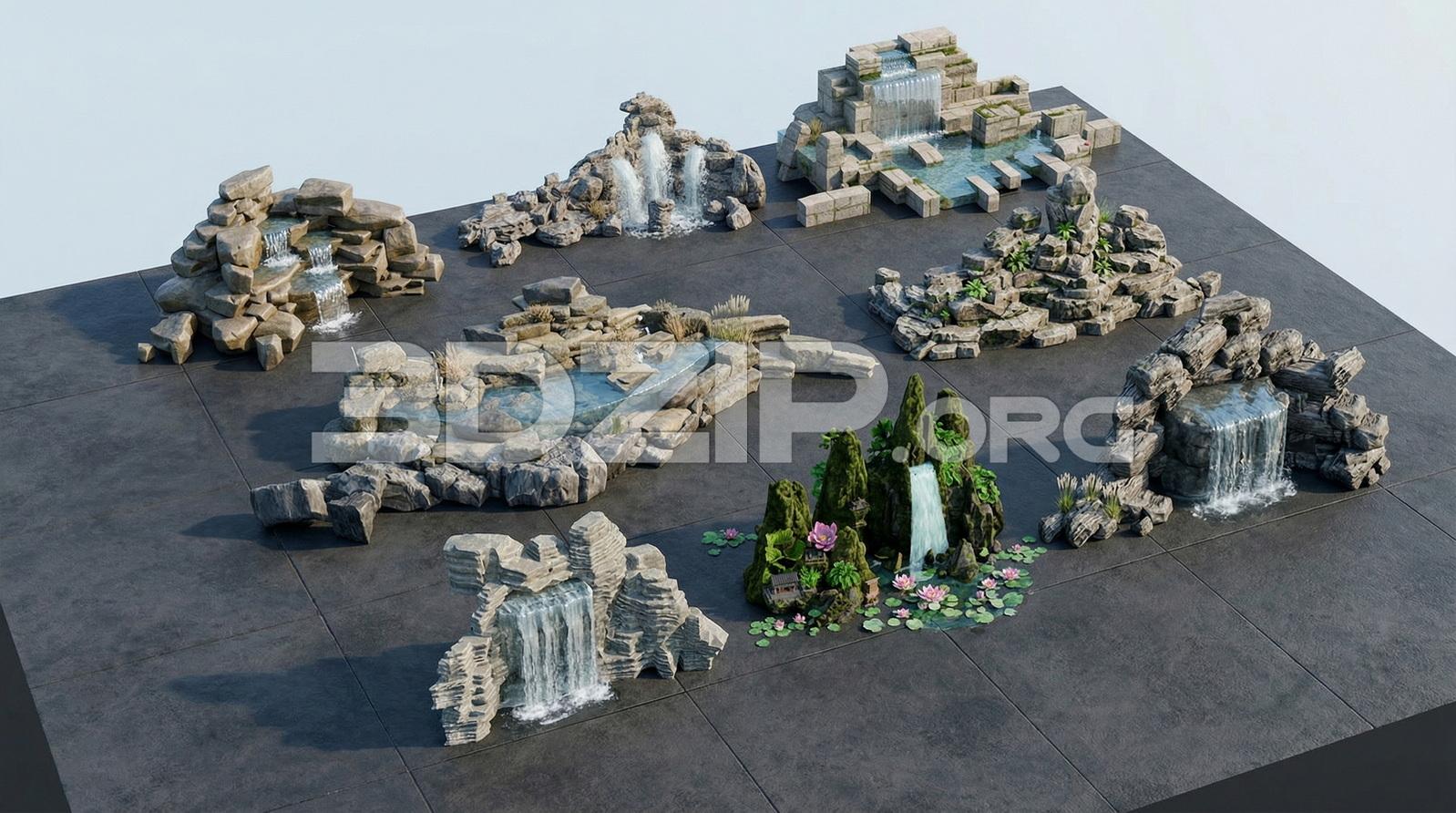Rock Waterfall and Pond Asset Pack Landscape