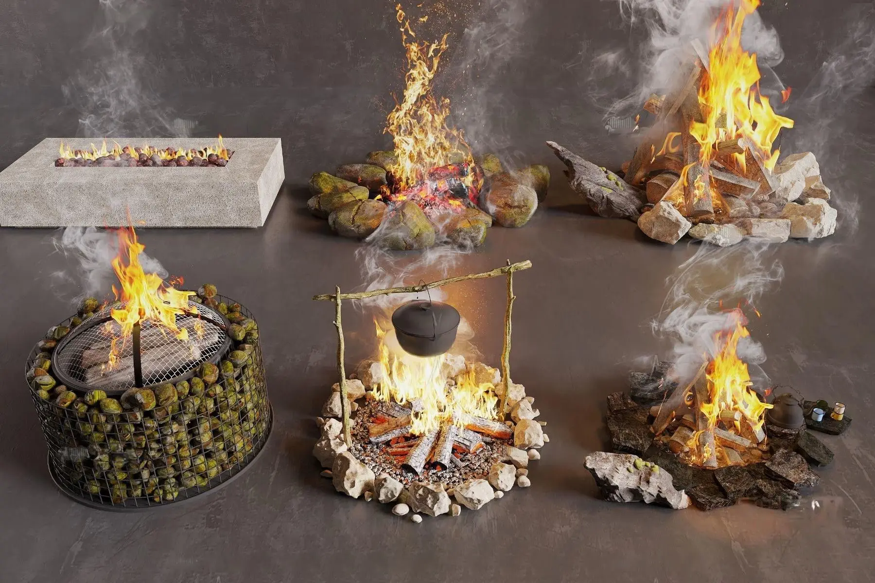 A scene of a campfire surrounded on fire