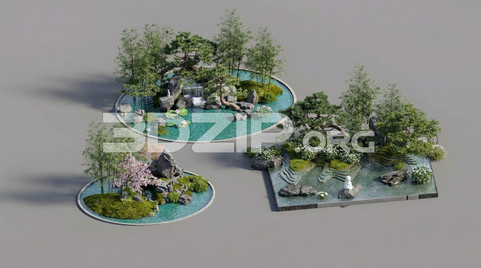 Asian Zen Garden Scene with Water Features and Rocks High-Quality Render