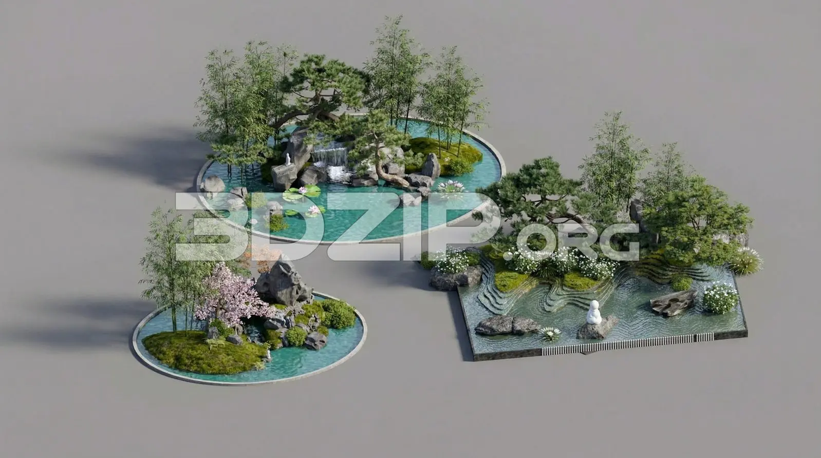 Asian Zen Garden Scene with Water Features and Rocks High-Quality Render