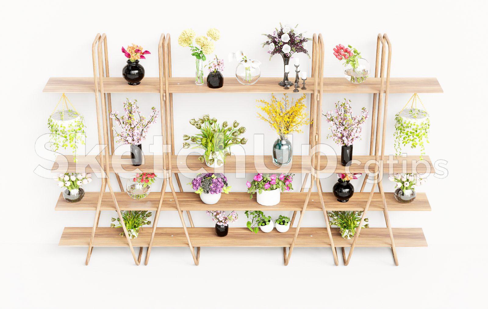 Decorative Wooden Rack with Vases and Plants – SketchUp Interior