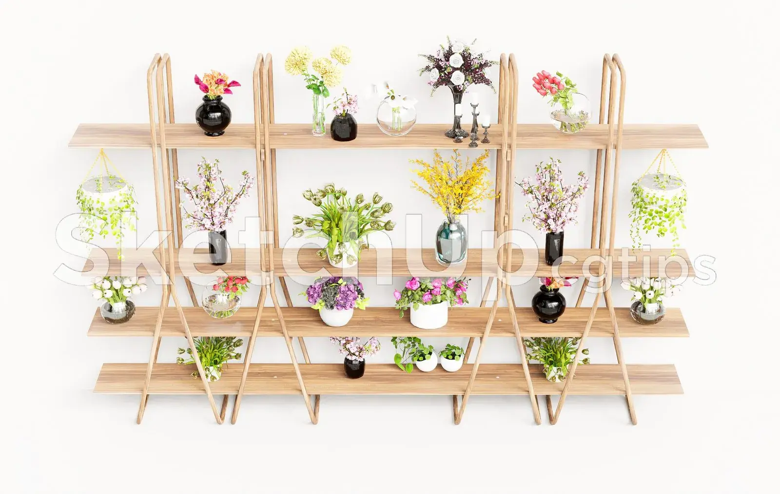 Decorative Wooden Rack with Vases and Plants – SketchUp Interior