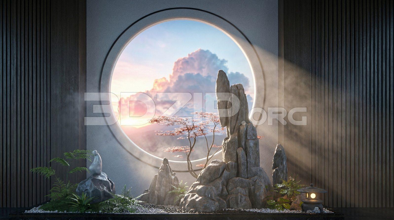 Japanese Zen Garden Scene in with Round Window and Sunset Lighting