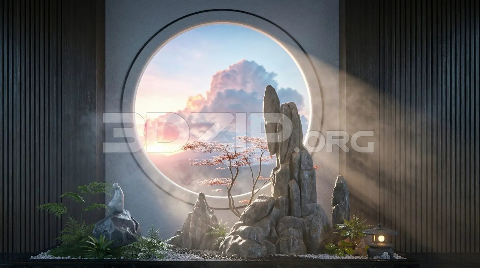 Japanese Zen Garden Scene in with Round Window and Sunset Lighting