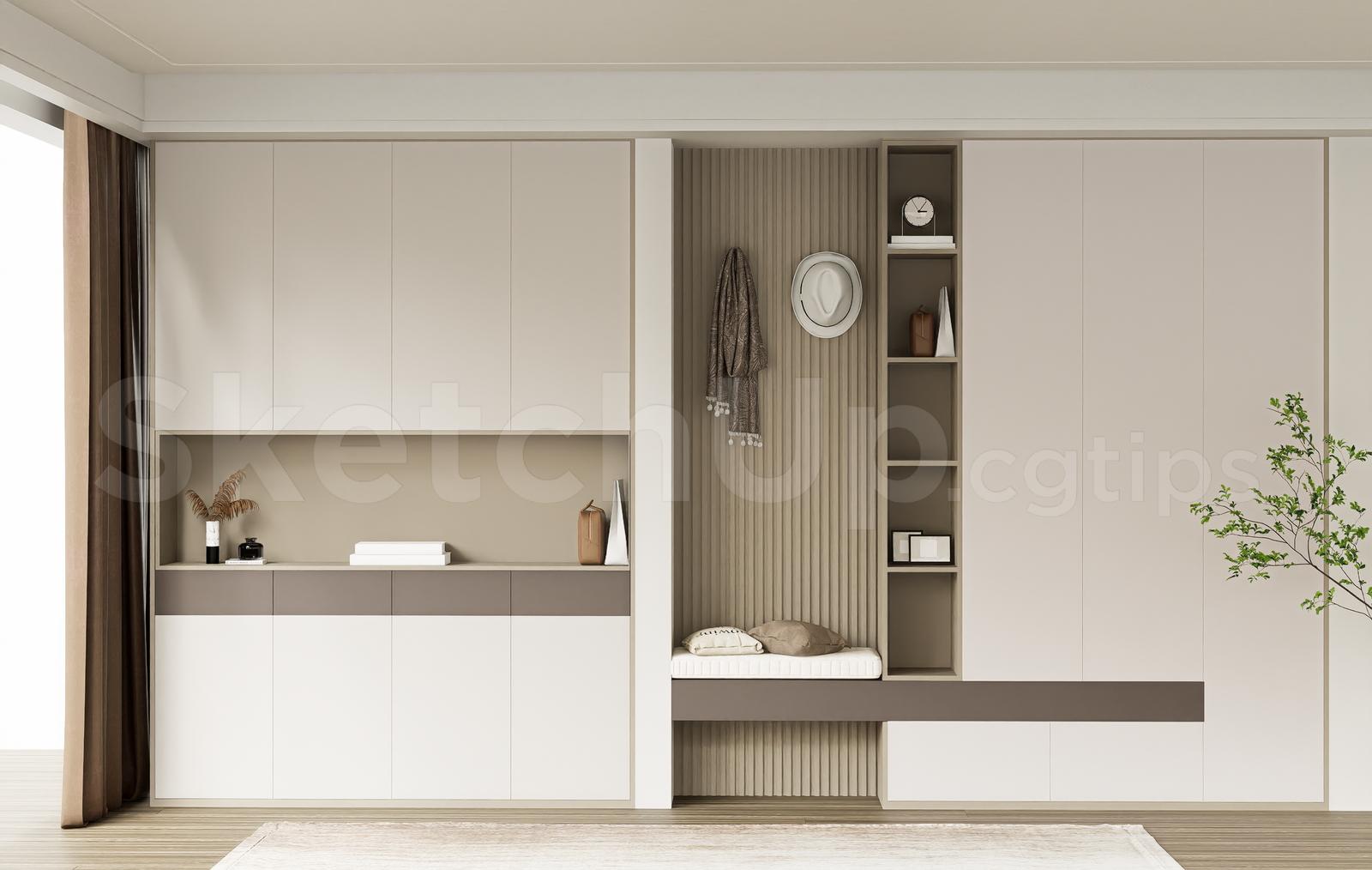 Modern Closet Cabinet with Integrated Bench SketchUp Model for Interior Design