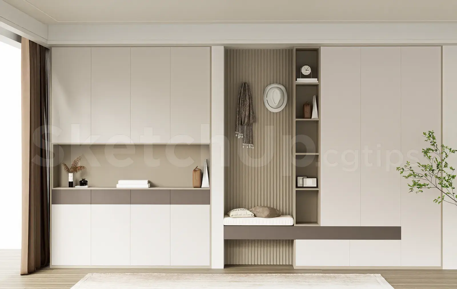 Modern Closet Cabinet with Integrated Bench SketchUp Model for Interior Design