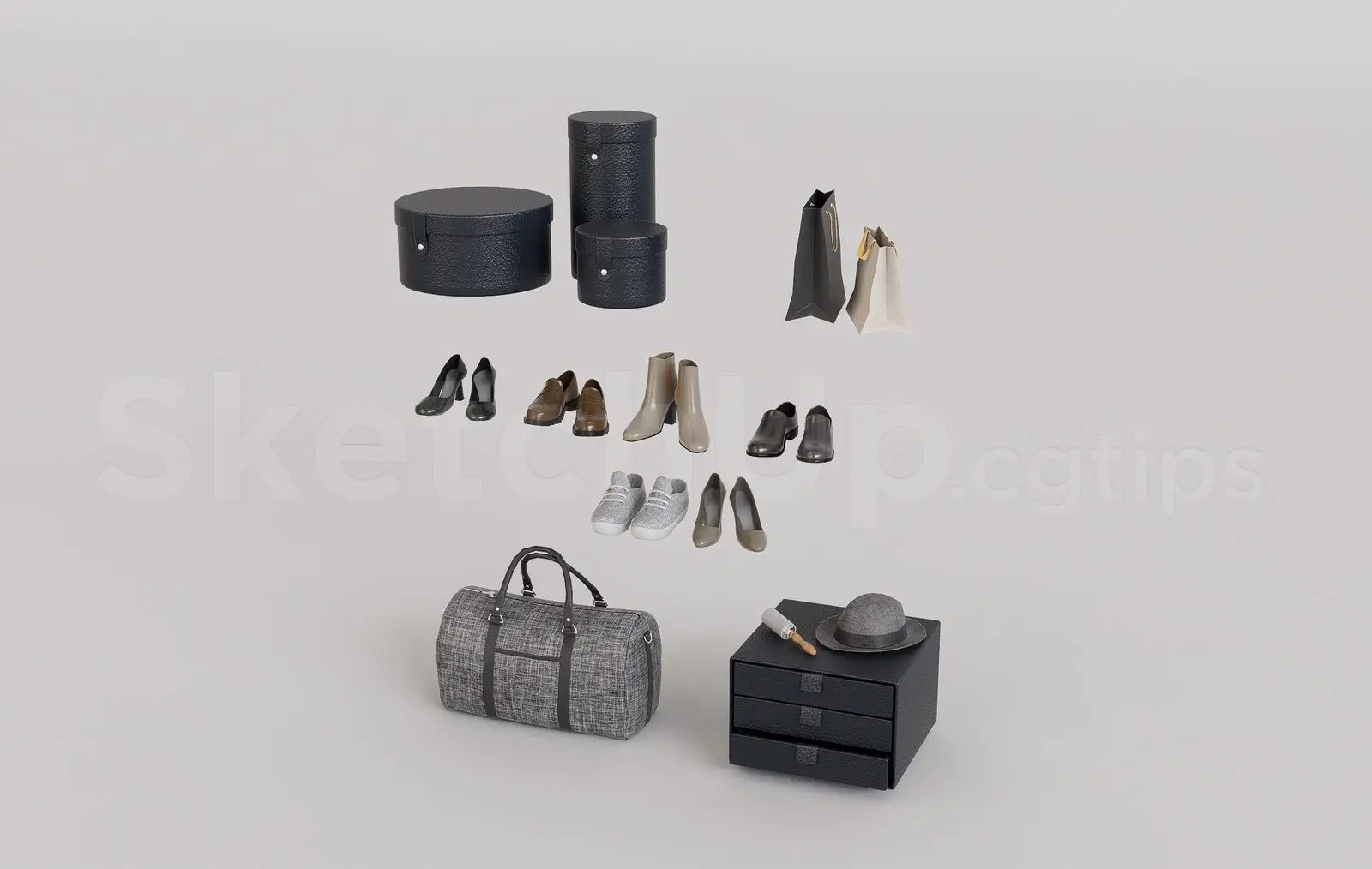Storage Cabinet, Handbags, and Shoes