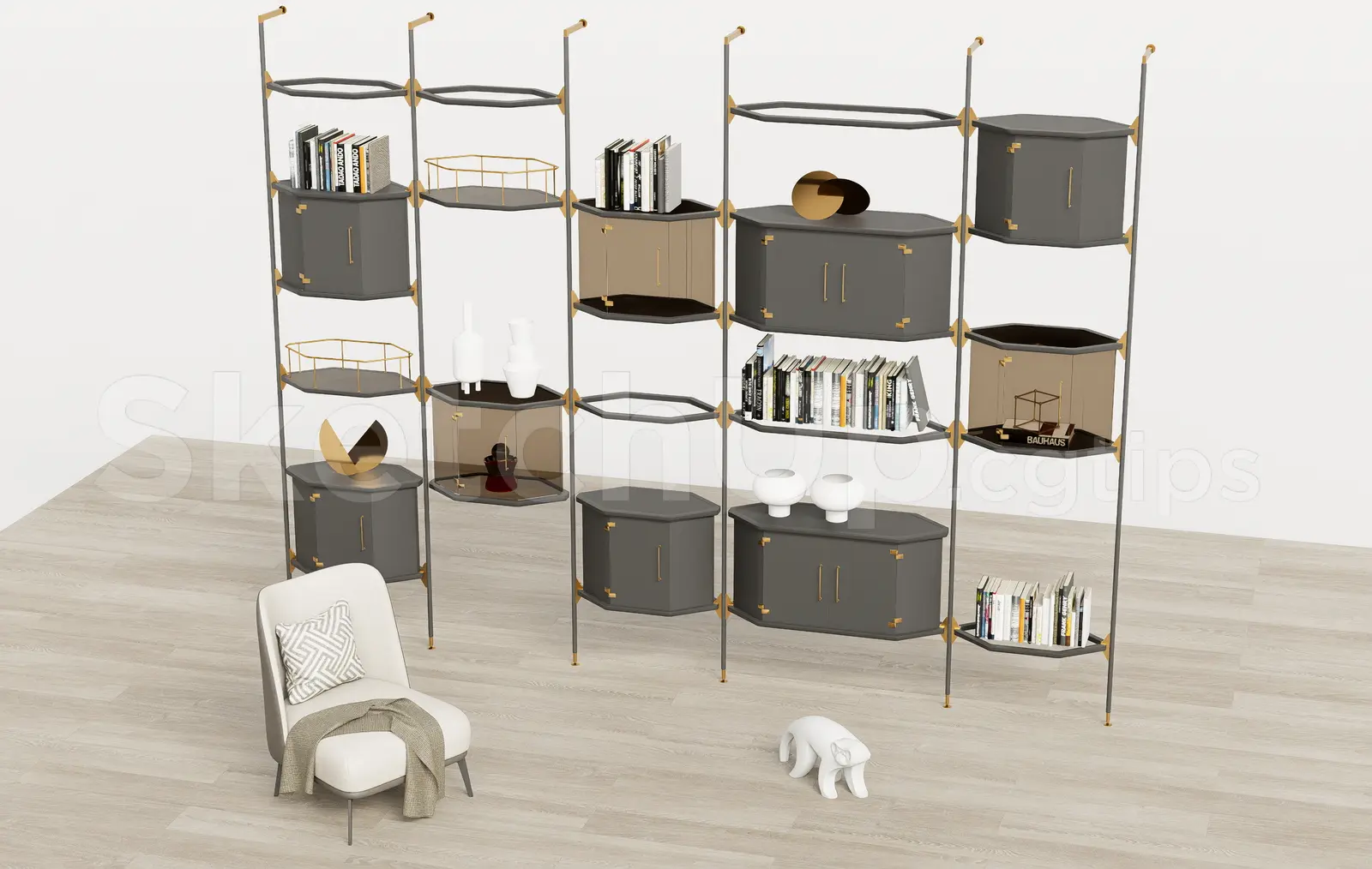 Modern Open Shelf Bookcase with Cabinets — preview 1 (cgtips, CC0)