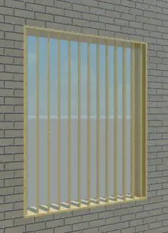Contemporary Natural Wood Vertical Louvre Window — axonometric exterior view of a vertical timber louvre window hosted in a brick wall