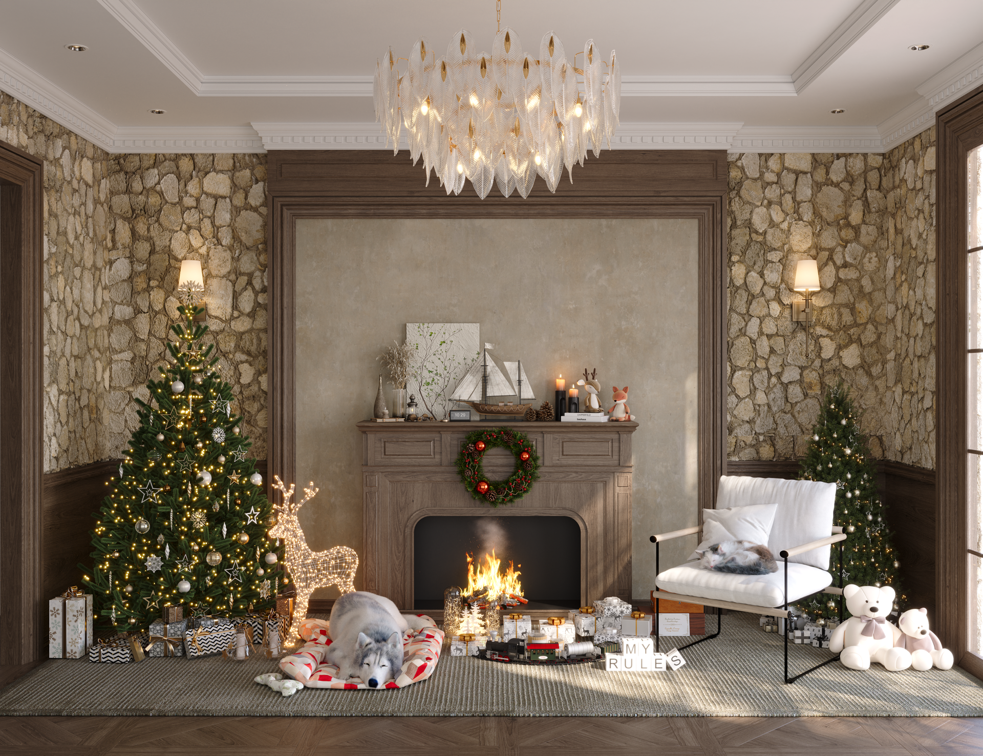 Luxury Rustic Living Room with Stone Walls and Christmas Decor