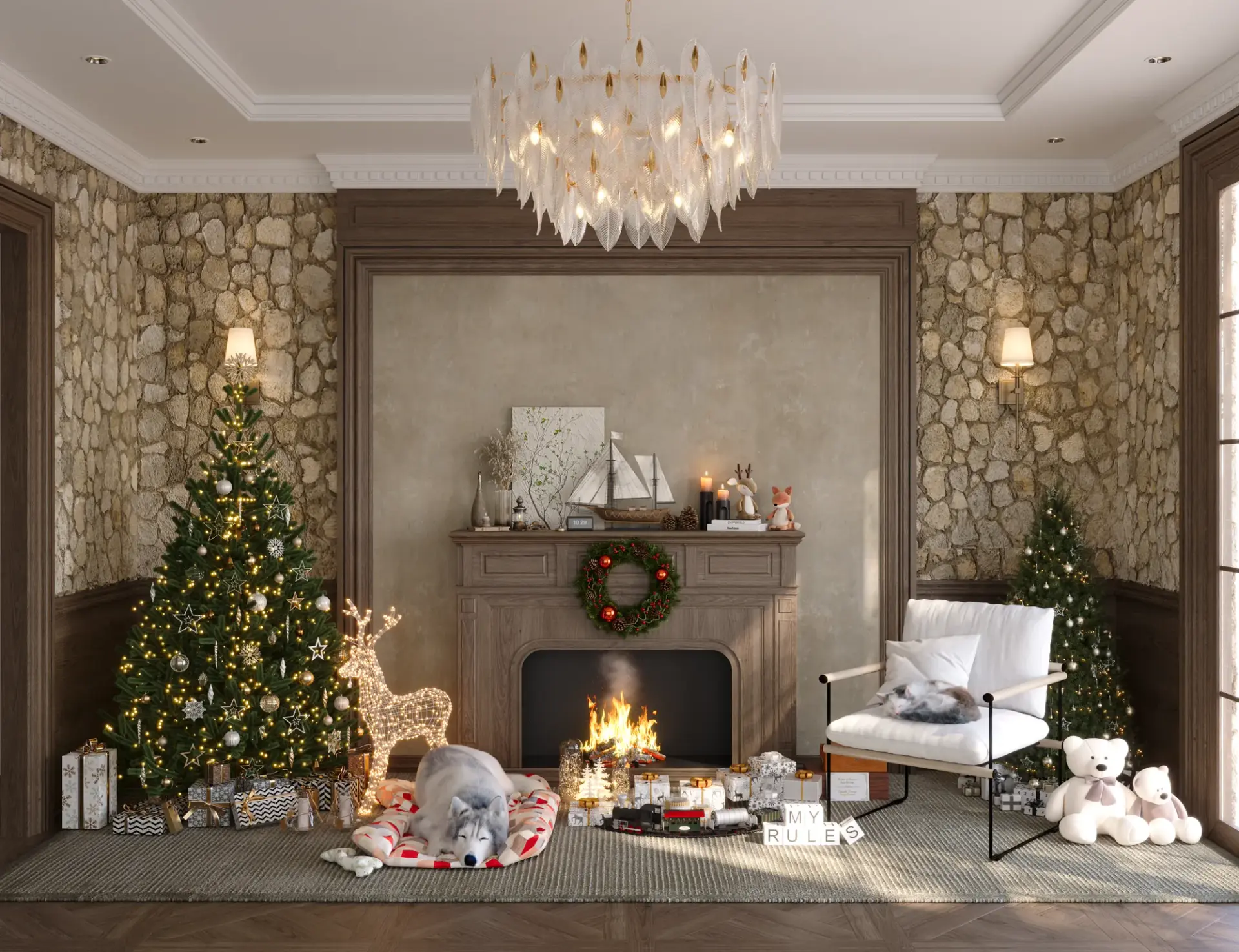 Luxury Rustic Living Room with Stone Walls and Christmas Decor