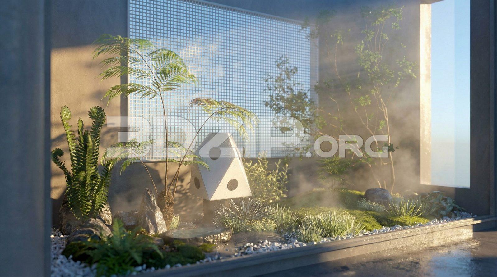 Exterior Render Modern Zen Garden Courtyard with Fog & Soft Light
