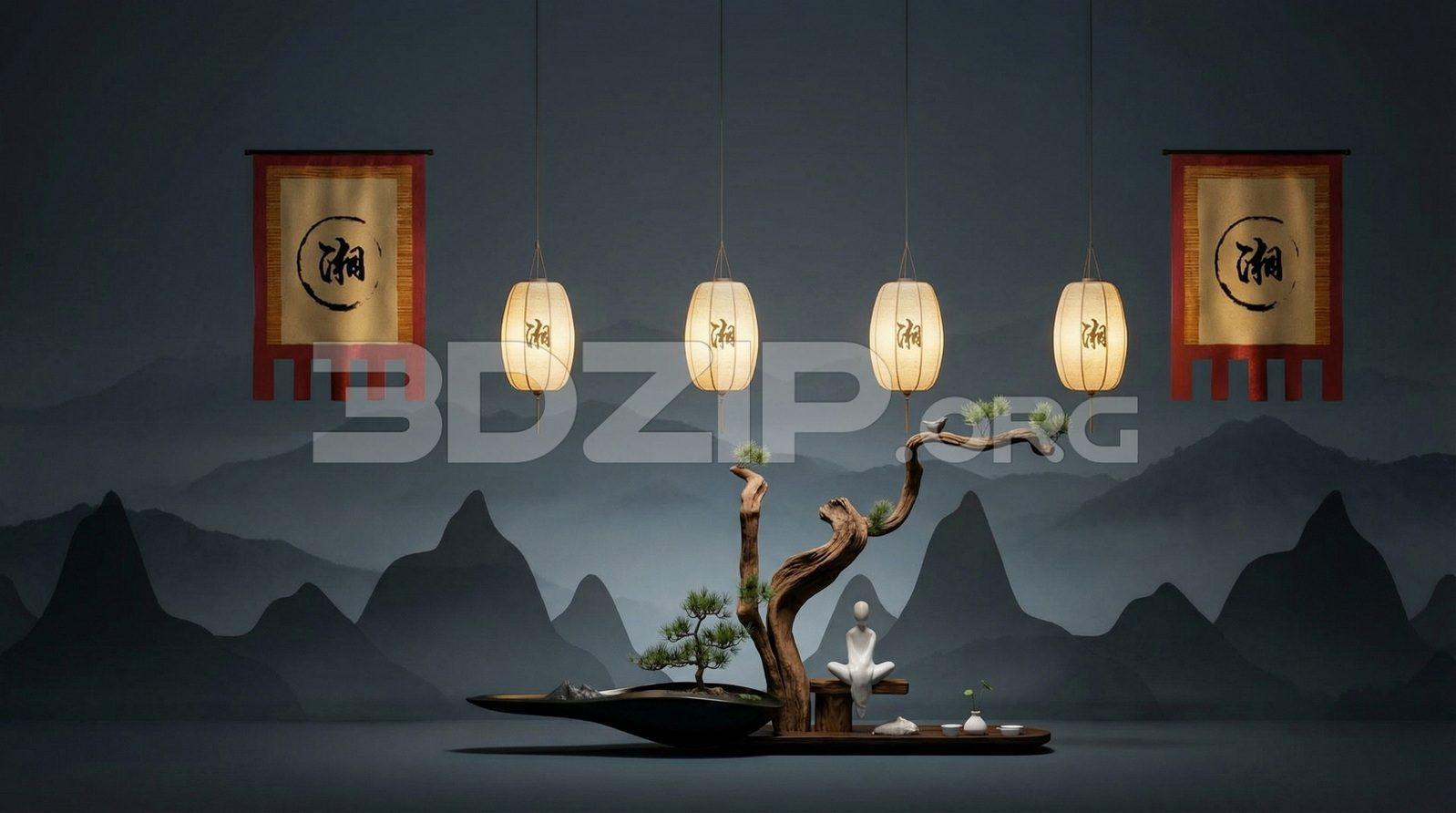 Japanese Zen Interior Scene with Bonsai Tree and Hanging Lanterns – Render — preview 1 (3dzip)