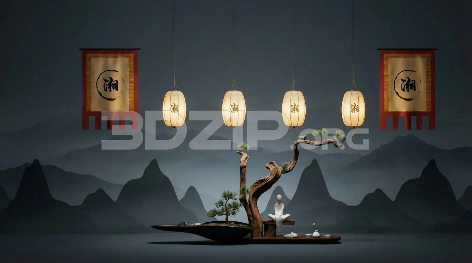 Japanese Zen Interior Scene with Bonsai Tree and Hanging Lanterns – Render — preview 1 (3dzip)