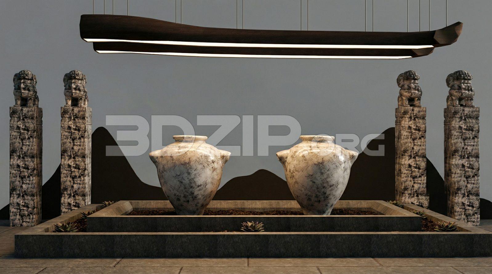 Asian Zen Interior Sculpture Display – Traditional Pottery Scene Render