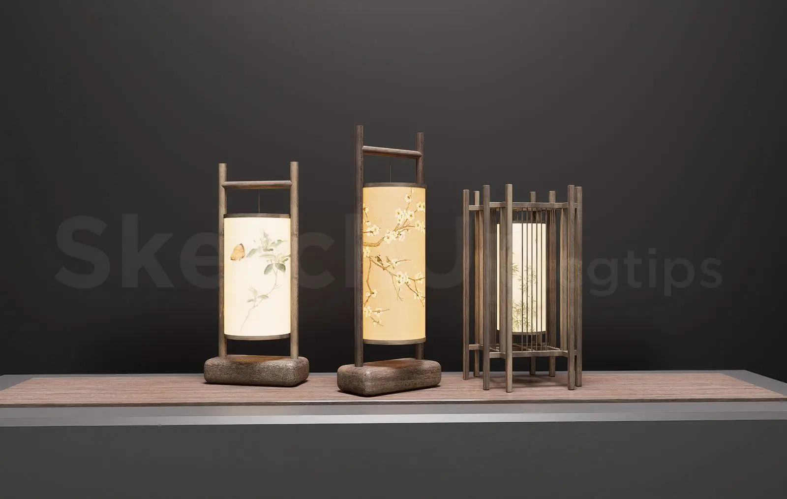 Traditional Japanese Lantern SketchUp Model – Wooden Decorative Table Lamp
