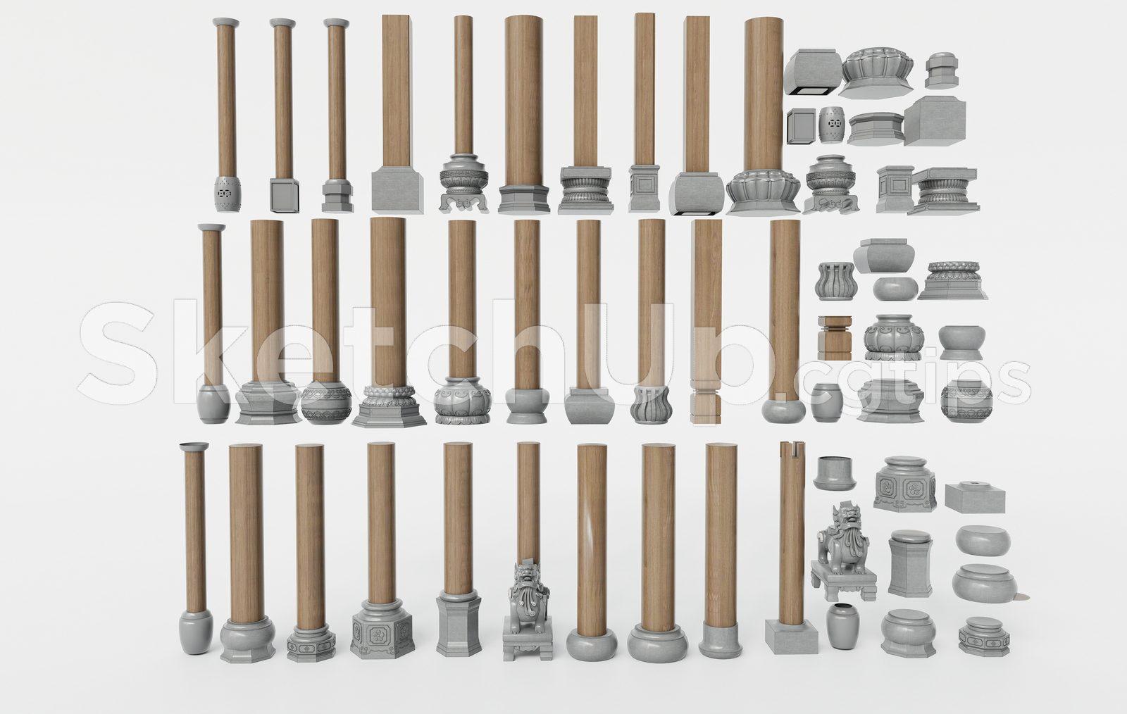 Decorative Column Set SketchUp Model – Wood Pillars, Bases & Capitals Pack