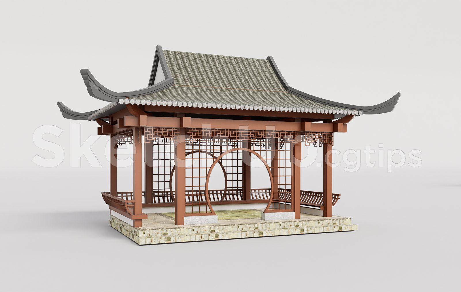 Traditional Wooden Pavilion with Tiled Roof — preview 1 (cgtips)