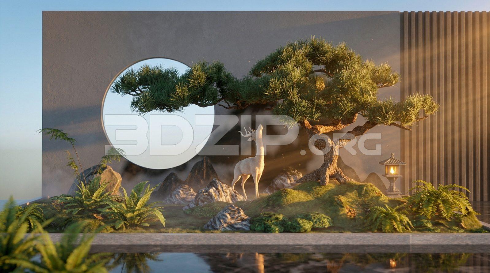 Corona Render Modern Zen Garden with White Deer