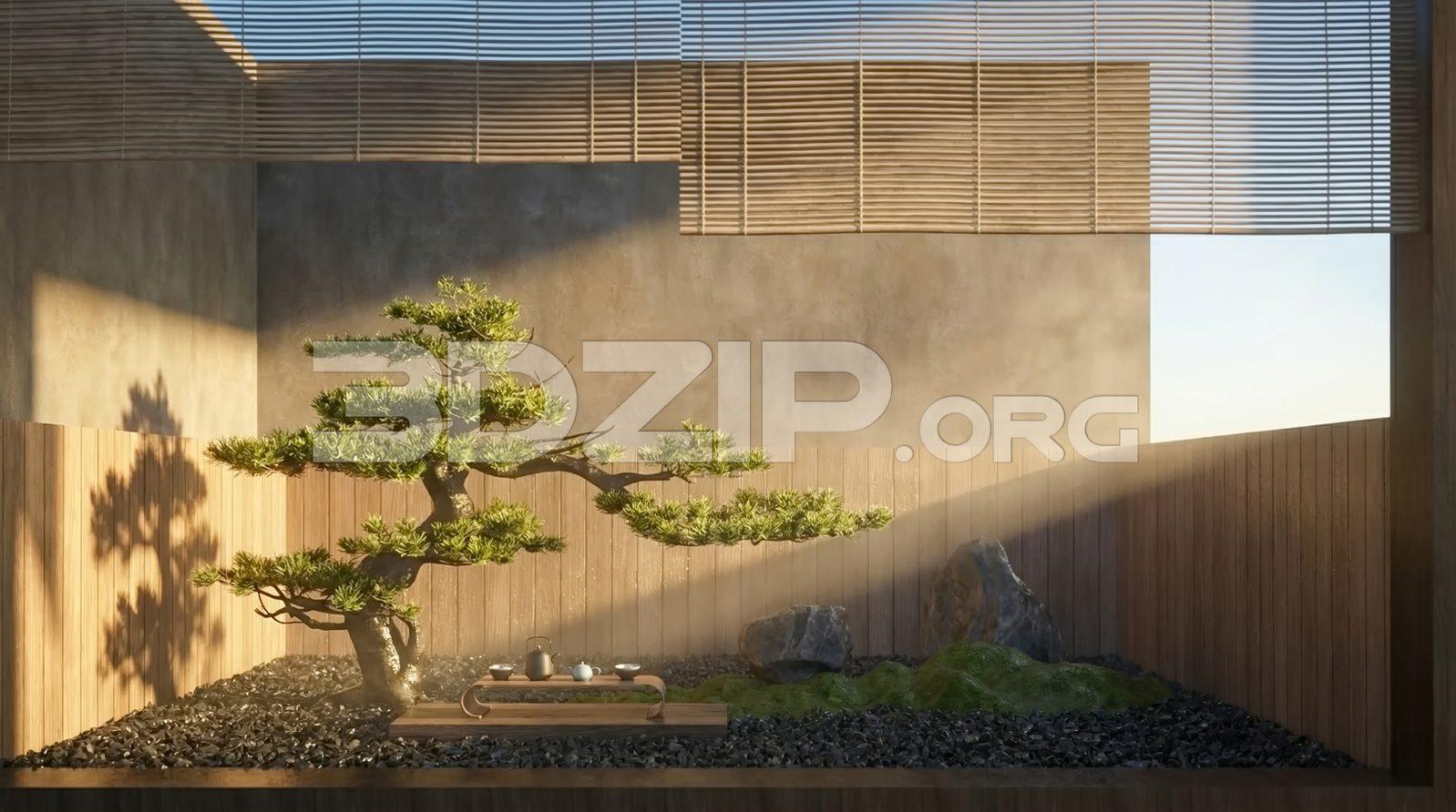 Japanese Bonsai Zen Garden Interior Visualization