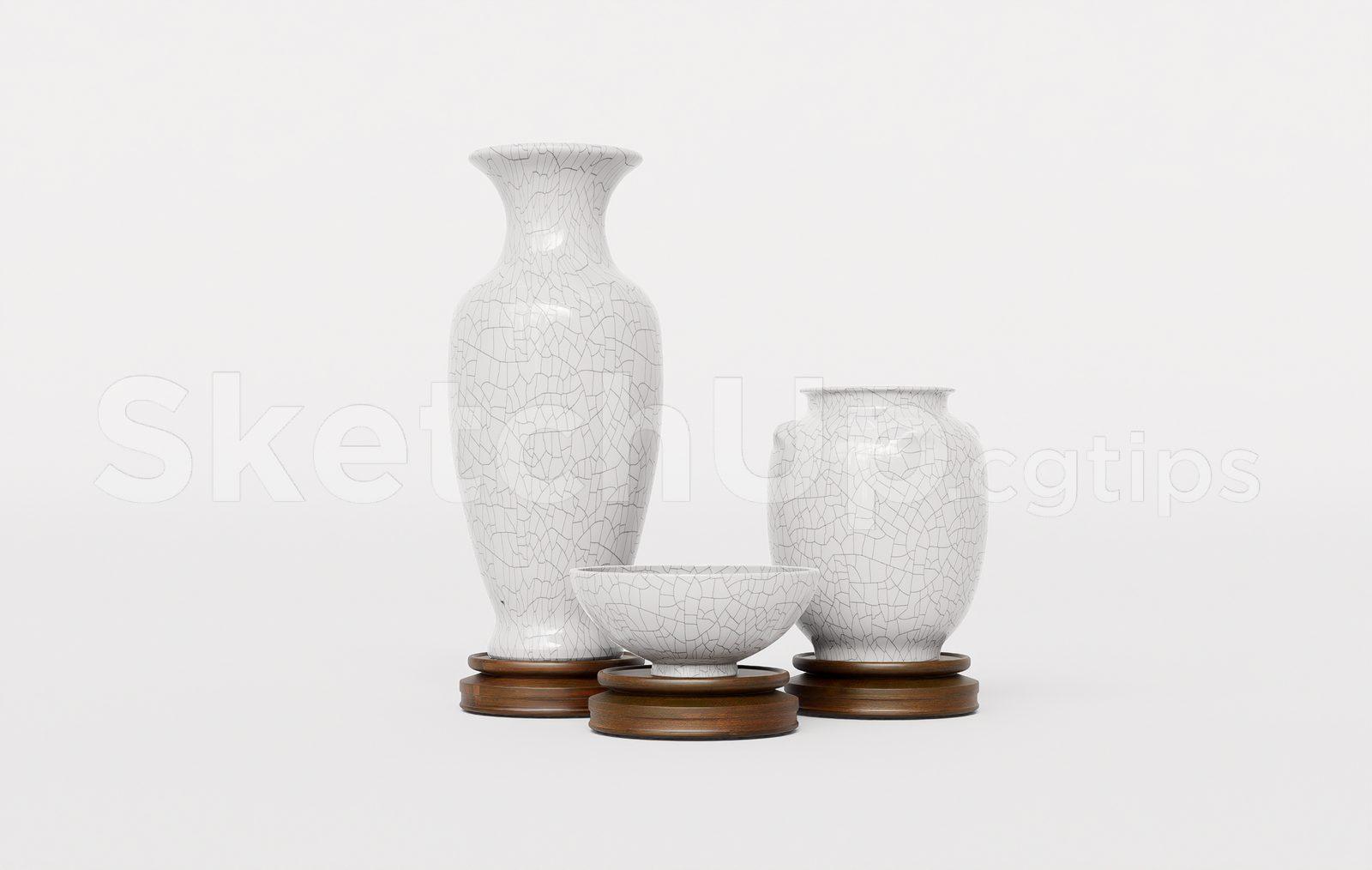 Traditional White Crackle Porcelain Vases with Wooden Bases