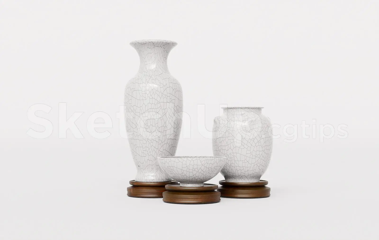 Traditional White Crackle Porcelain Vases with Wooden Bases — preview 1 (cgtips)