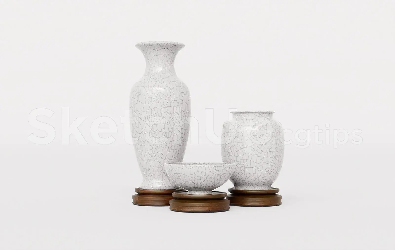 Traditional White Crackle Porcelain Vases with Wooden Bases