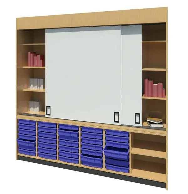 Sliding white Board with trays below 2400wx 500d x 2400h