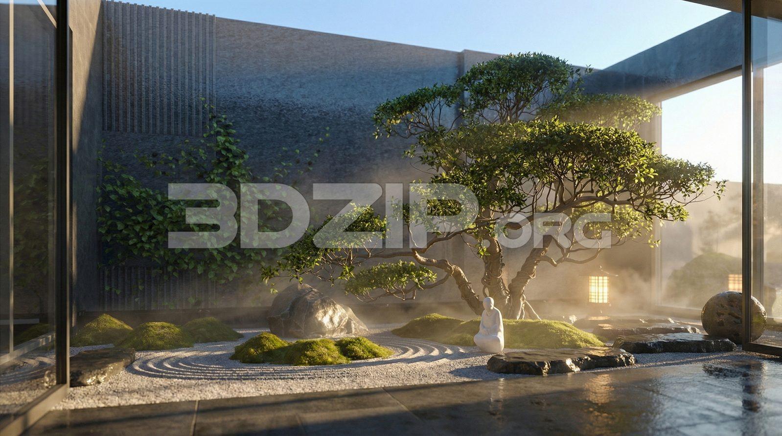 Archviz – Zen Garden with Bonsai Tree and Natural Lighting