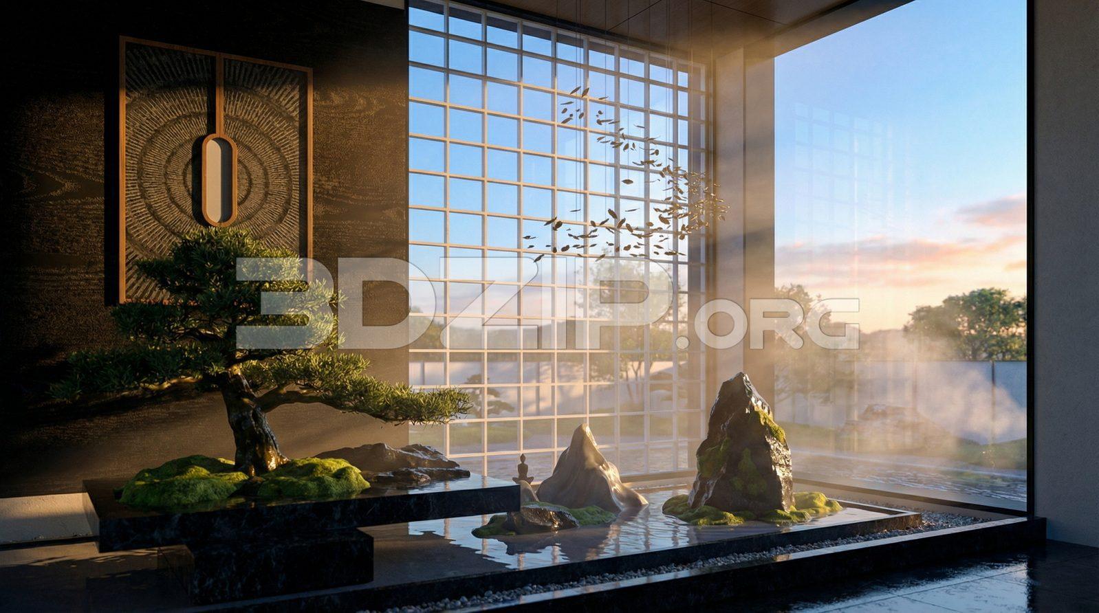 Minimal Japanese Zen Interior 3D Scene with Bonsai and Rocks