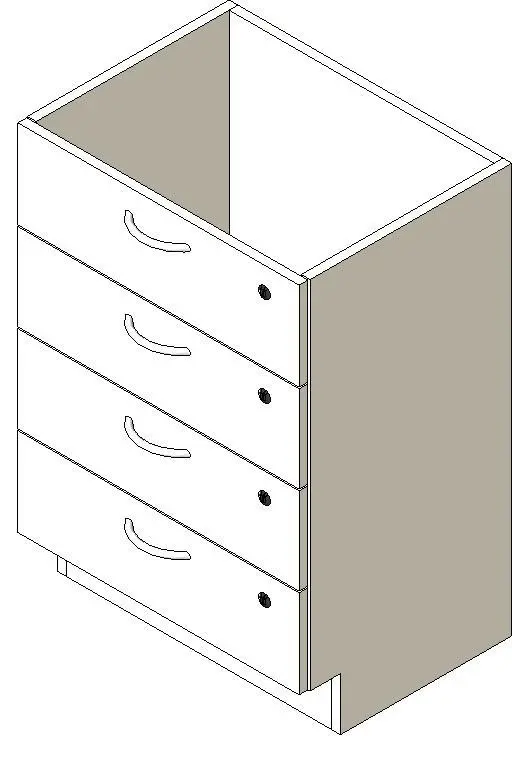 Four-Drawer Base Cabinet – Herman Miller CG602 — axonometric perspective of four-drawer casework base cabinet displaying bow handles and locks