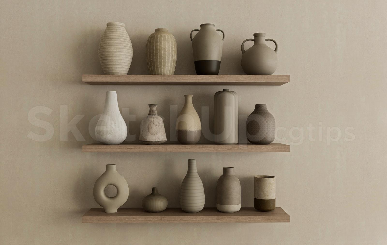 Modern Rustic Ceramic Vases on Wooden Shelves