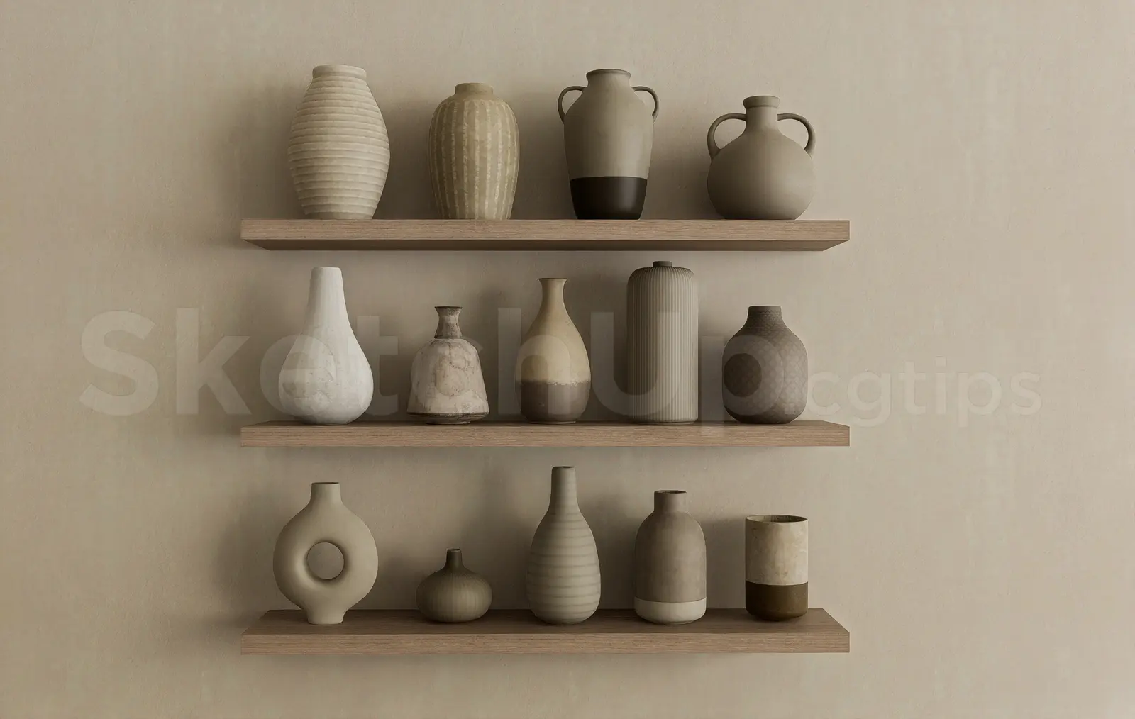 Modern Rustic Ceramic Vases on Wooden Shelves