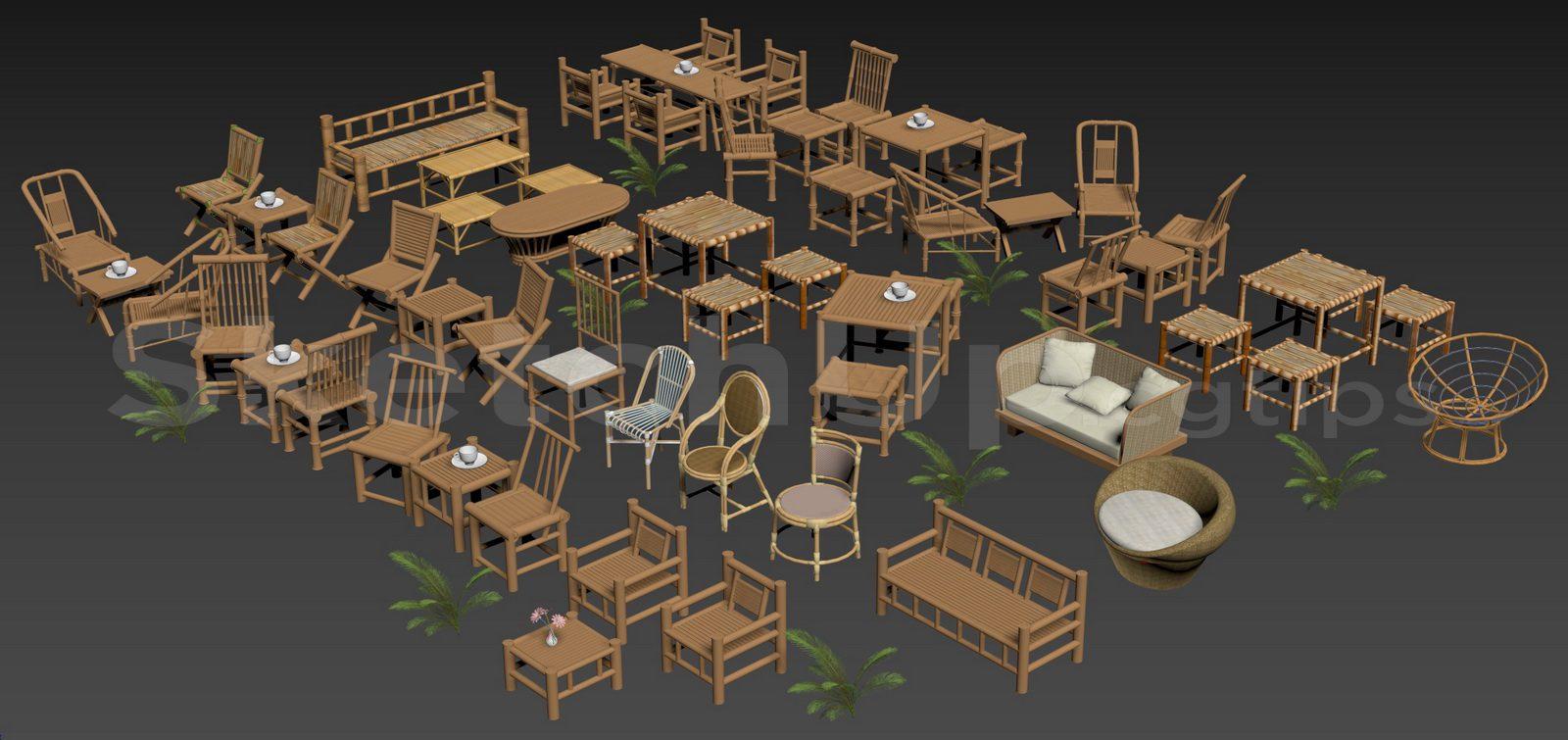 Thư viện sketchup miễn phí về bàn ghế cà phê mây tre đan