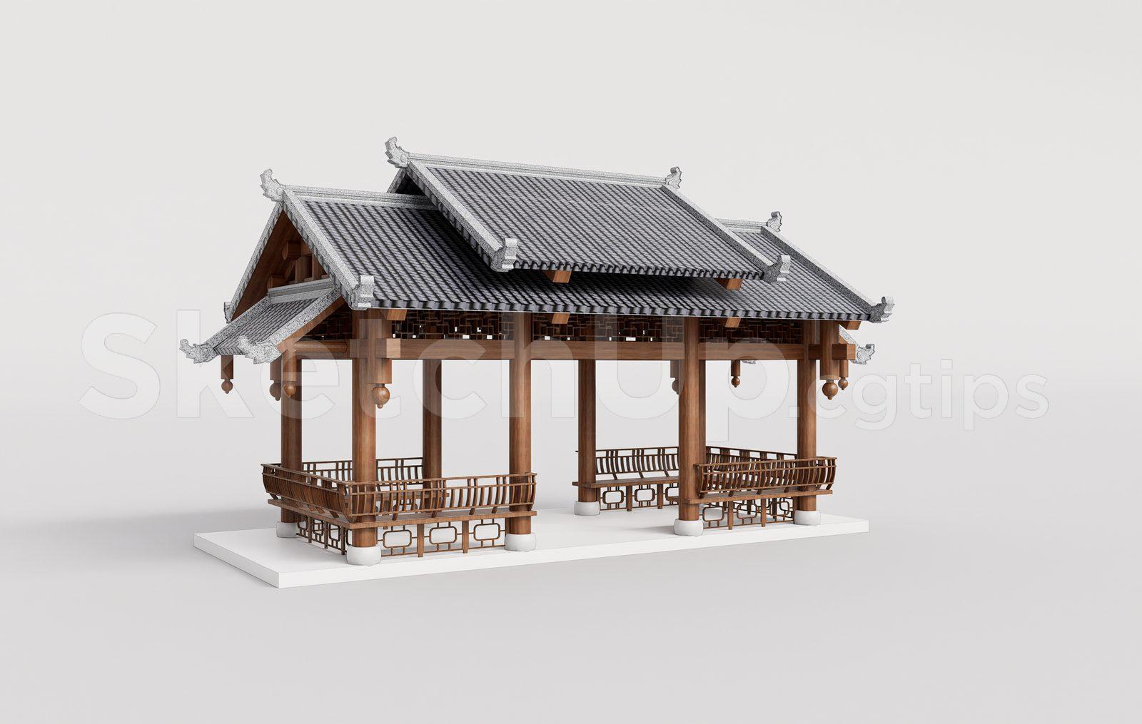 Traditional Wooden Pavilion with Tiled Roof