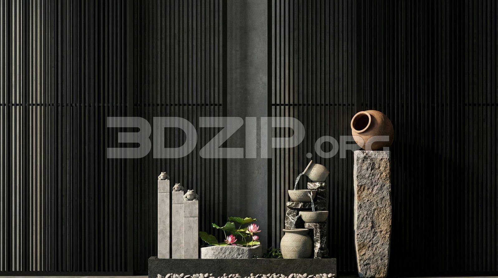 Japanese-Inspired Minimalist Scene with Water Feature Visualization