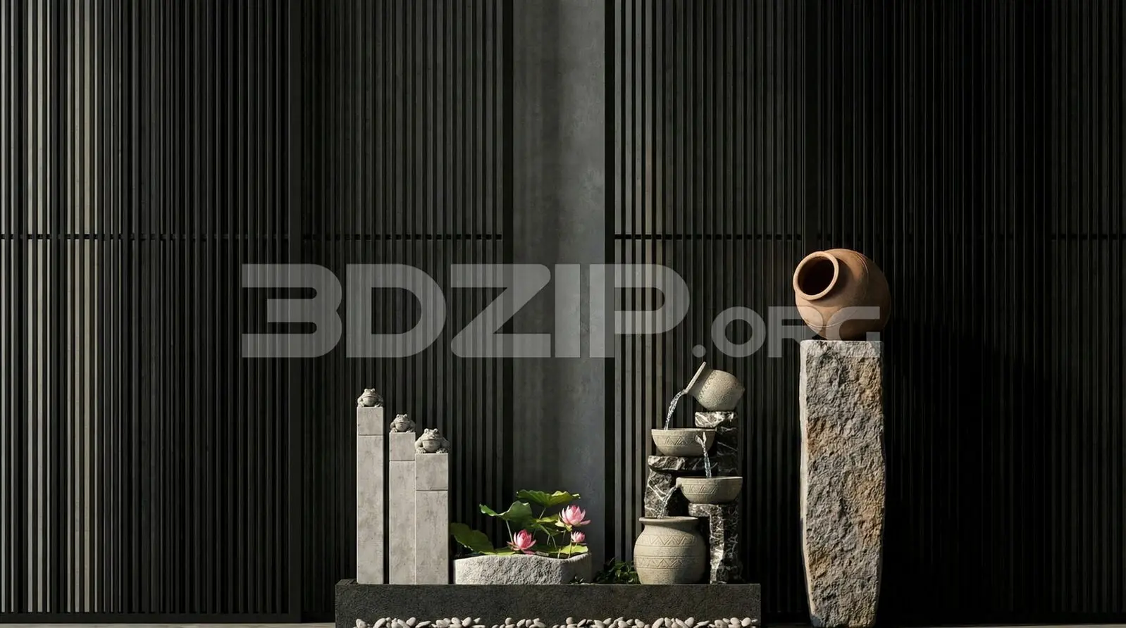 Japanese-Inspired Minimalist Scene with Water Feature Visualization — preview 1 (3dzip)