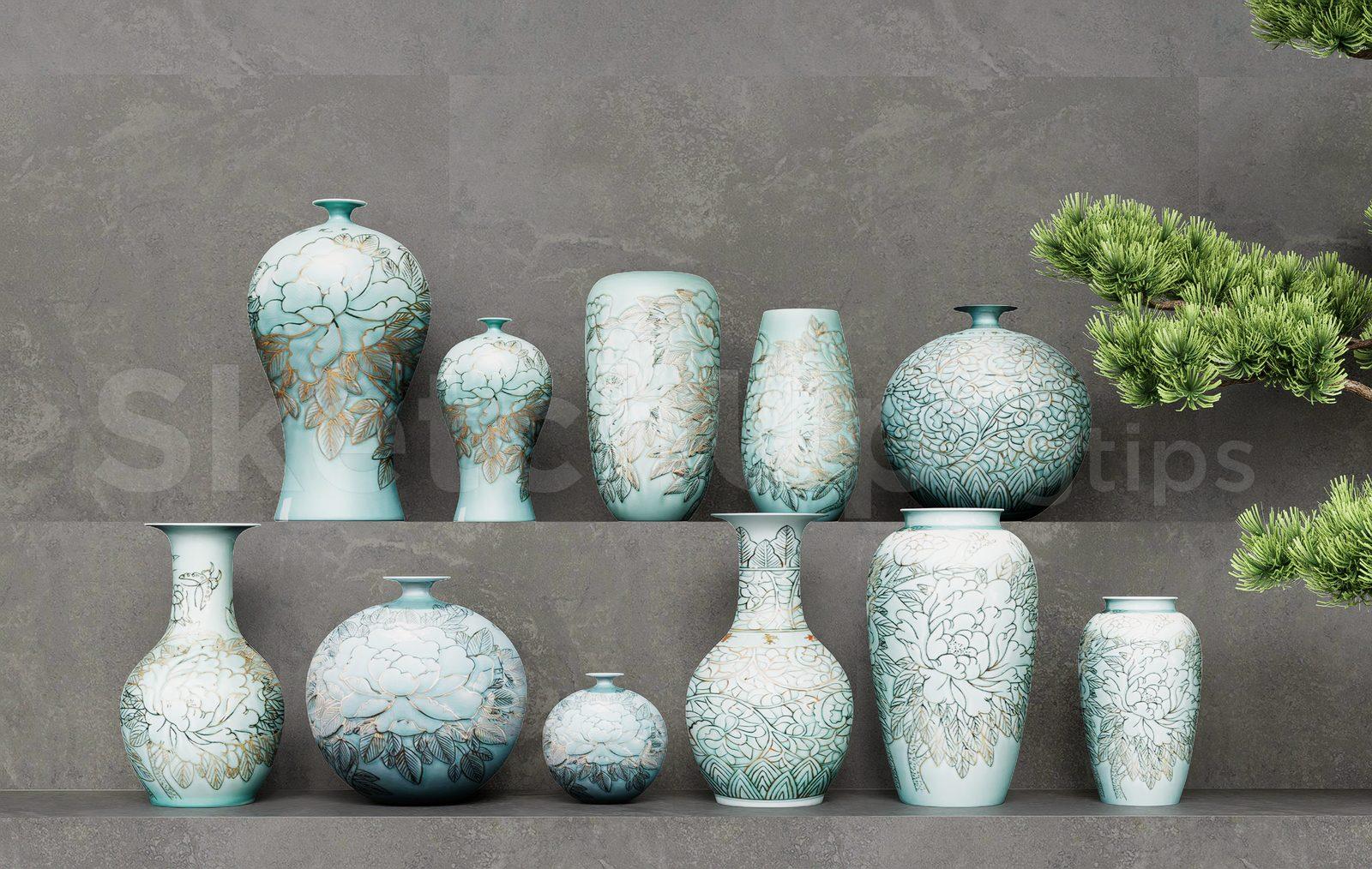 Traditional Chinese Floral Vases – Realistic 3D Ornament Set