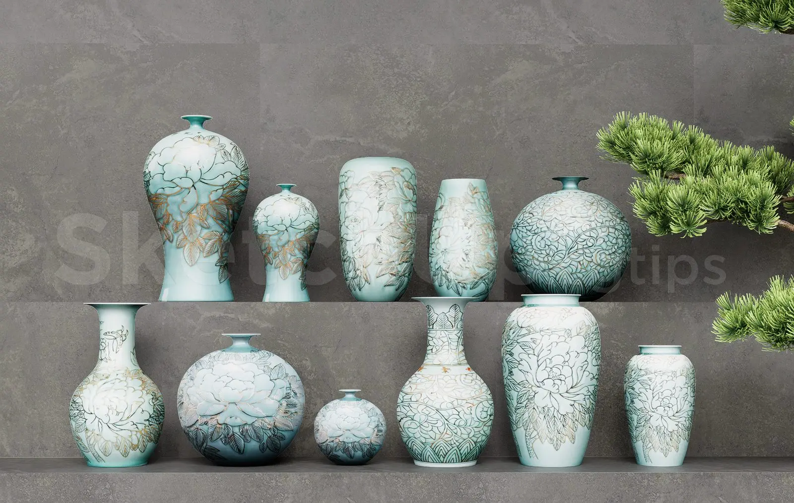 Traditional Chinese Floral Vases – Realistic 3D Ornament Set