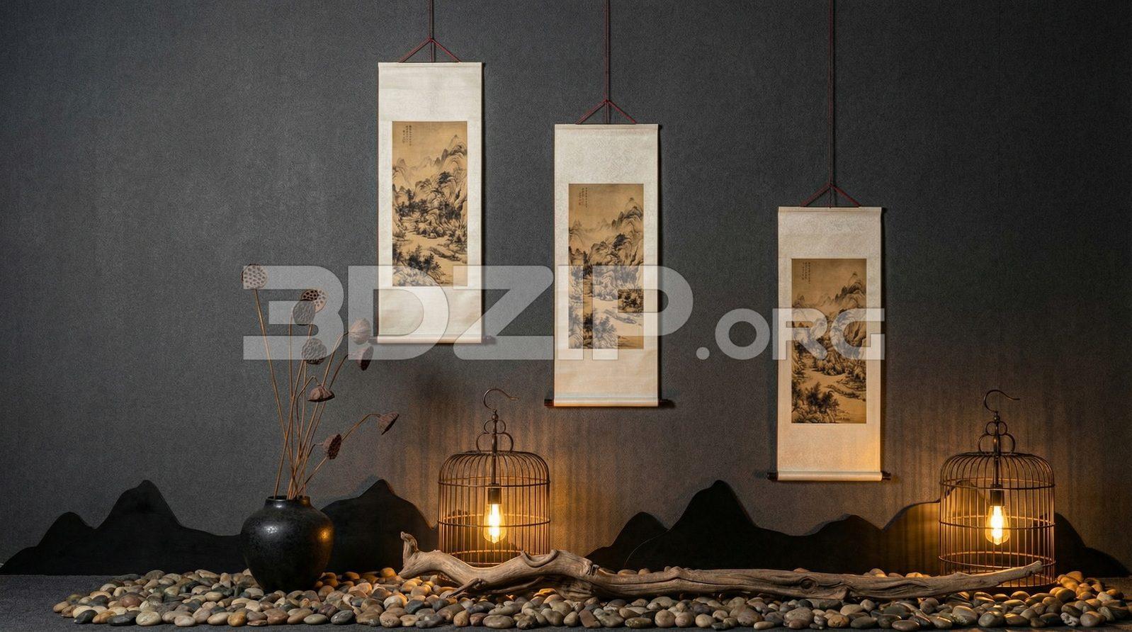 Asian Interior Decor Scene Traditional Scroll Paintings and Zen Lighting Design