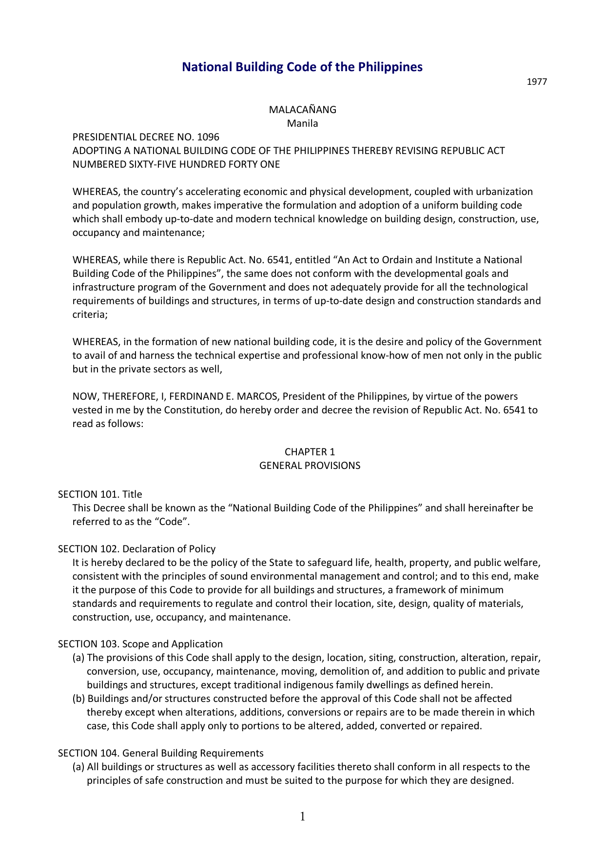 National Building Code of the Philippines (PD 1096, 1977)