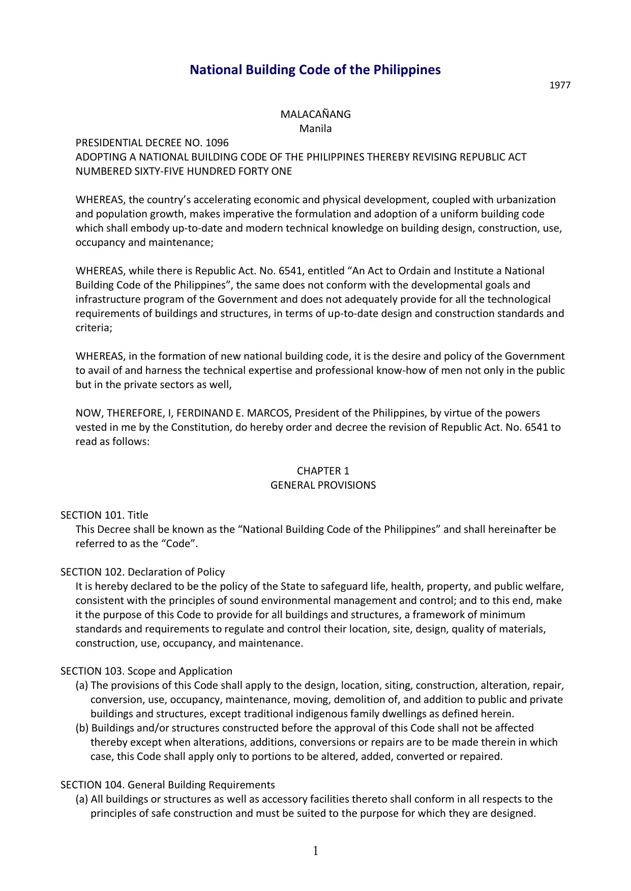 National Building Code of the Philippines (PD 1096, 1977)