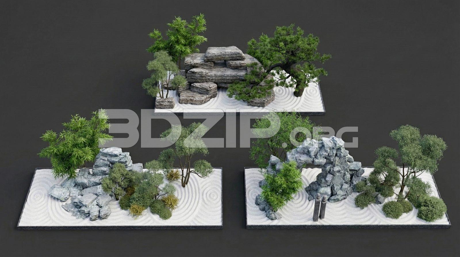 Realistic Zen Garden Collection Rock Formations & Bonsai