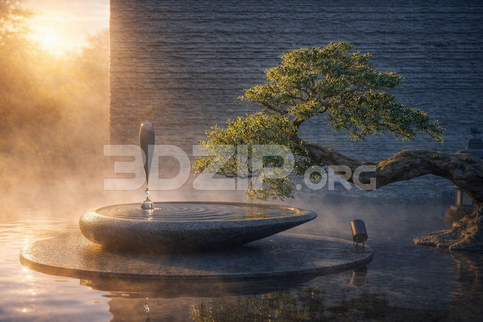 Minimalist Zen Water Feature with Bonsai Tree – Japanese Garden