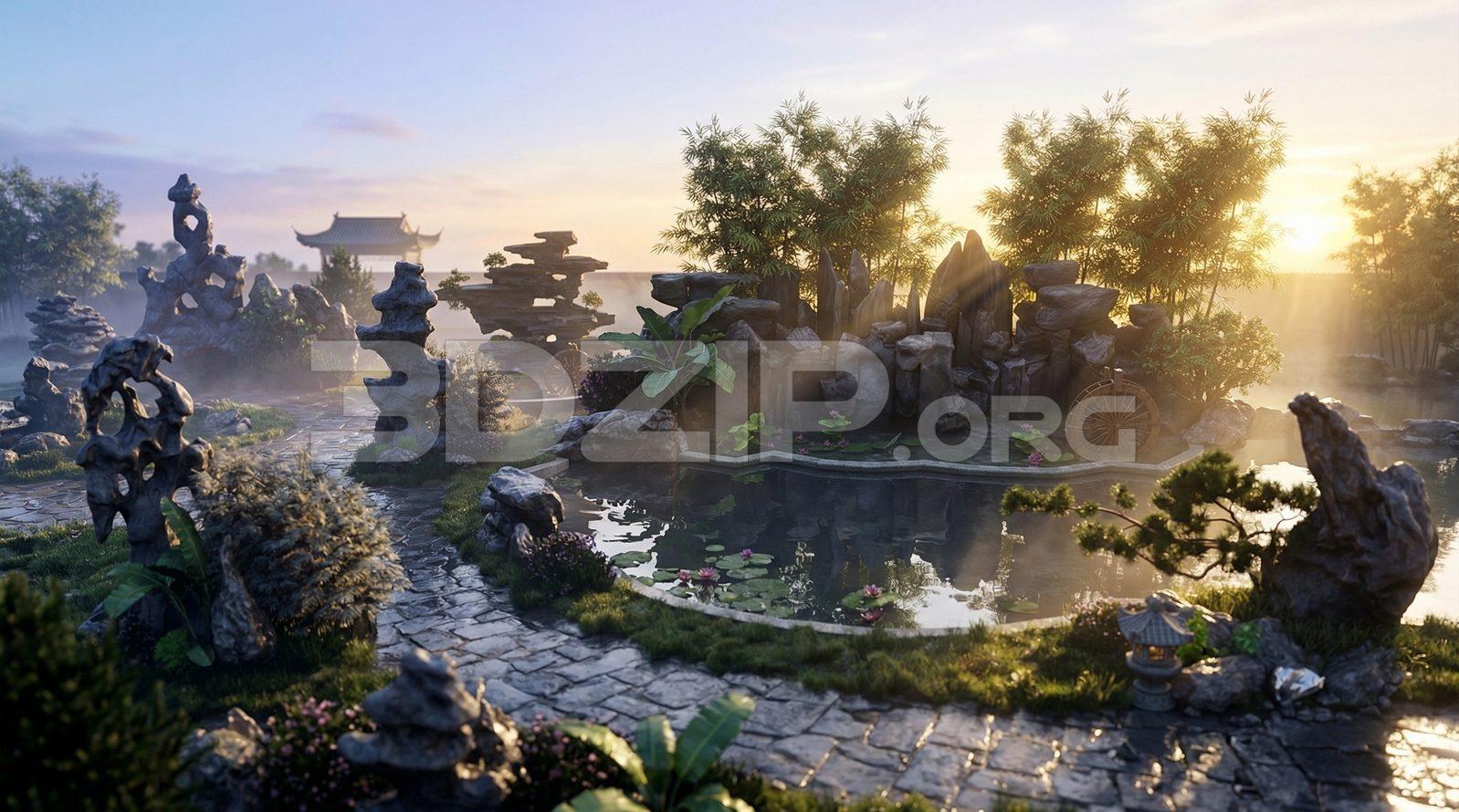 Oriental Zen Garden Landscape Design with Rock Pond