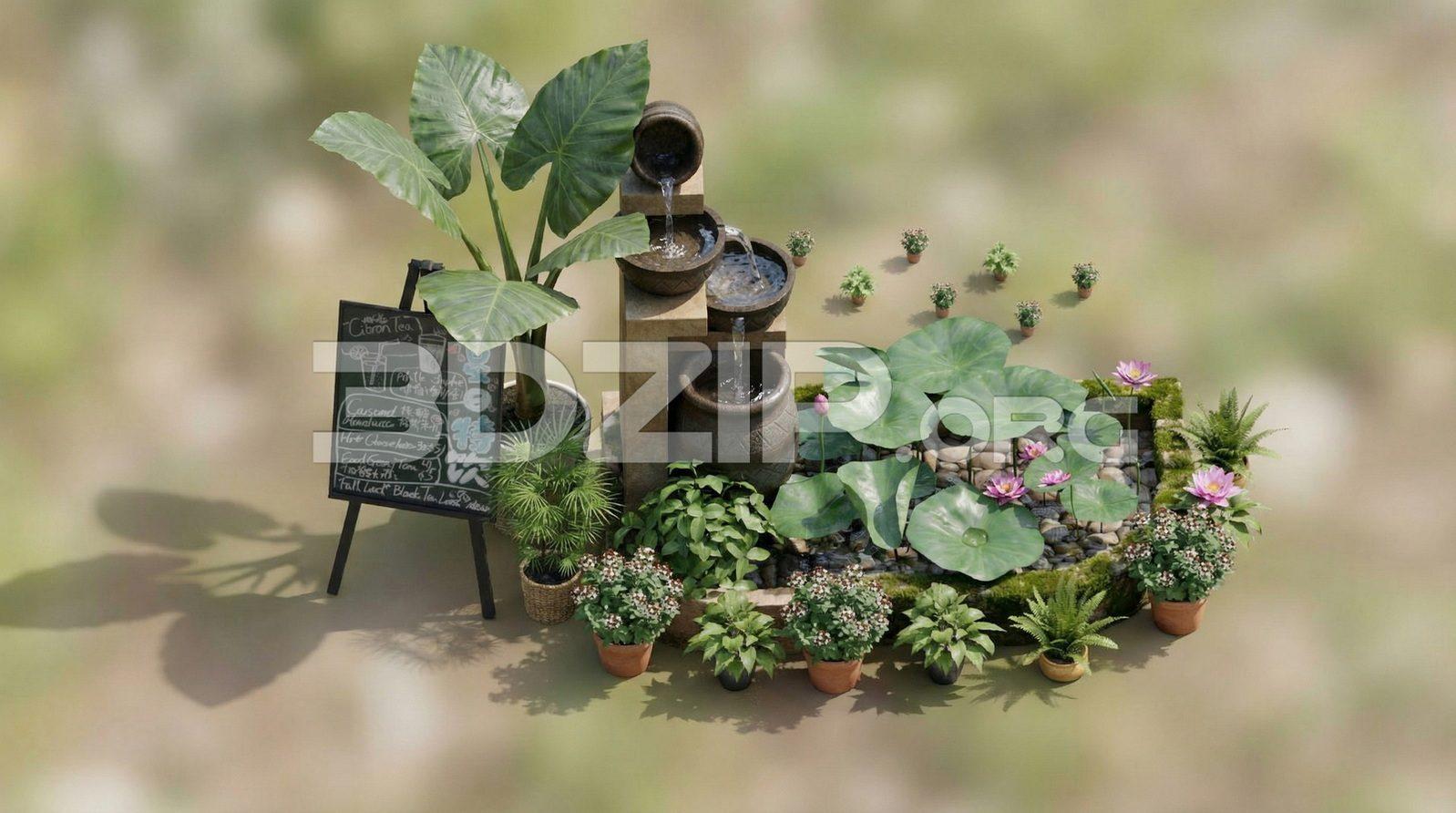 Creative Small Garden Design in with Water Fountain and Decorative Plants