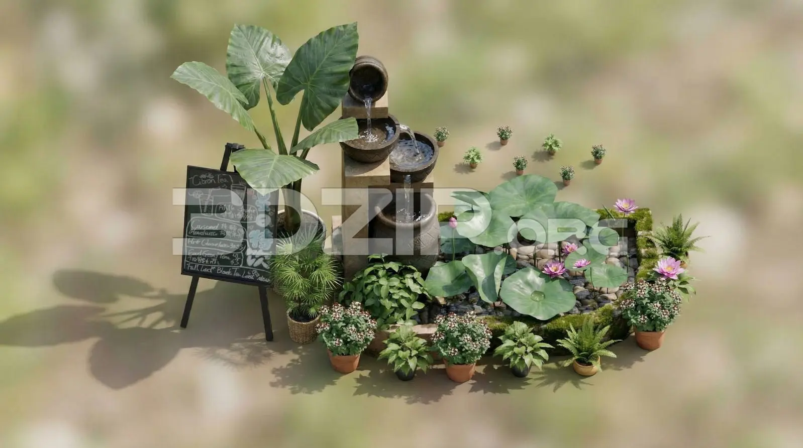 Creative Small Garden Design in with Water Fountain and Decorative Plants — preview 1 (3dzip)