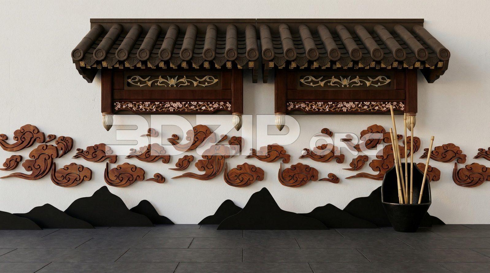 Traditional Asian Wall Decor Wooden Carved Panels and Oriental Roof Design